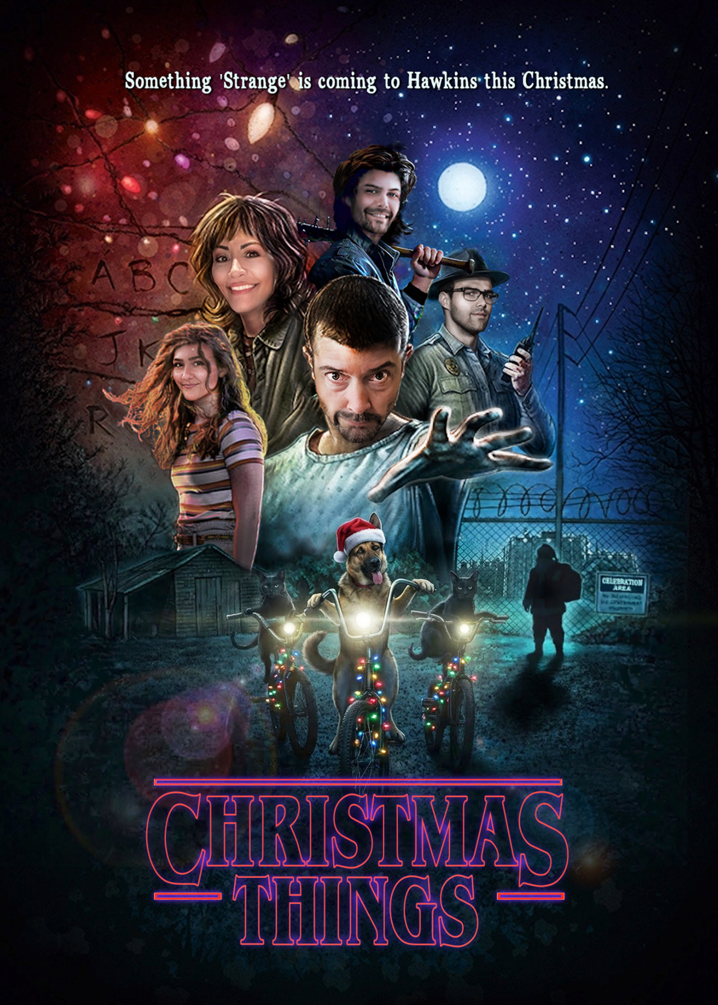 movie poster of a family as the stranger things cast for their holiday card