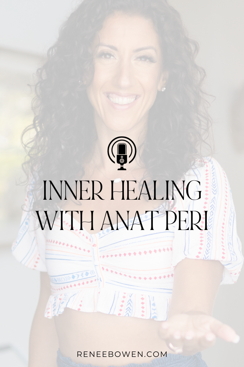 a woman with dark curly hair, smiling at camera and extending her hand podcast art inner healing