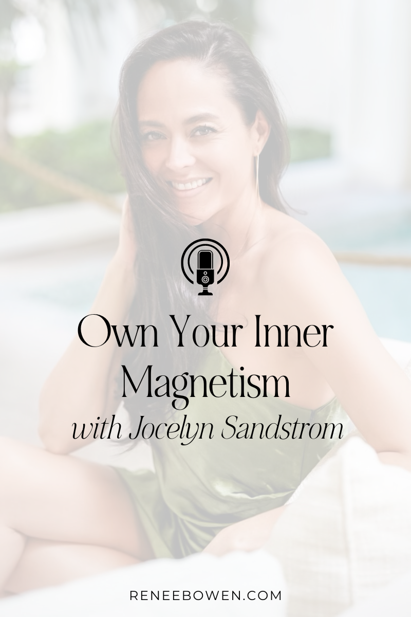 brunette woman in a green dress smiling at camera podcast cover art for magnetism