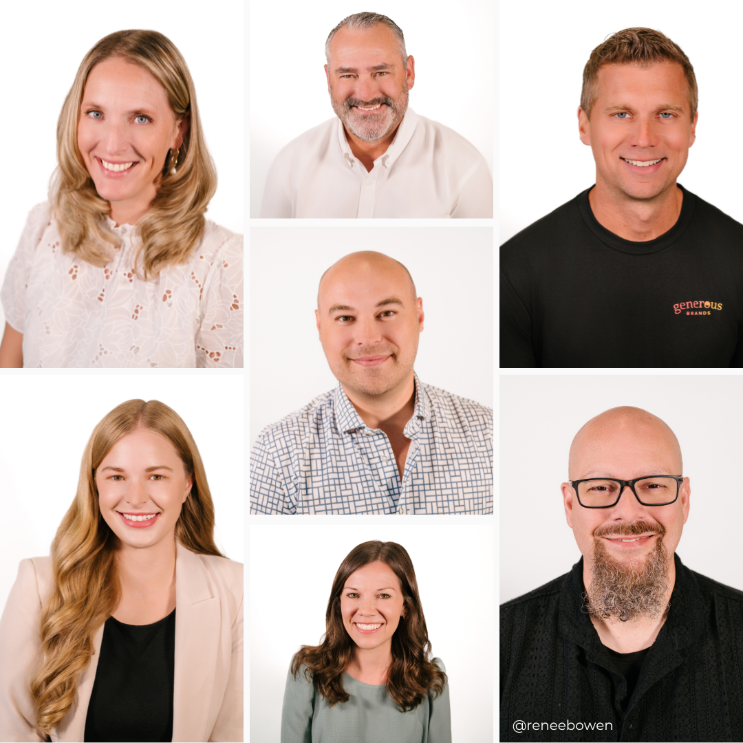 a collage of seven photos of people posing for their on site corporate headshots in los angeles; it is an array of ages, genders and skin color showing the diversity of the organization generous foods