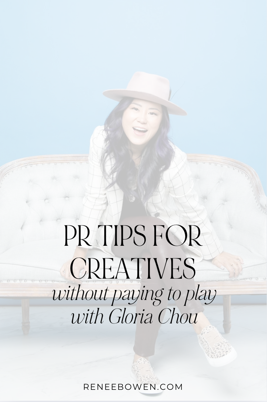 photo of an asian woman smiling big wearing a white jacket and brown pants sitting on a fancy couch with words over it that say pr tips for creatives without paying to play with gloria chou podcast thumbnail