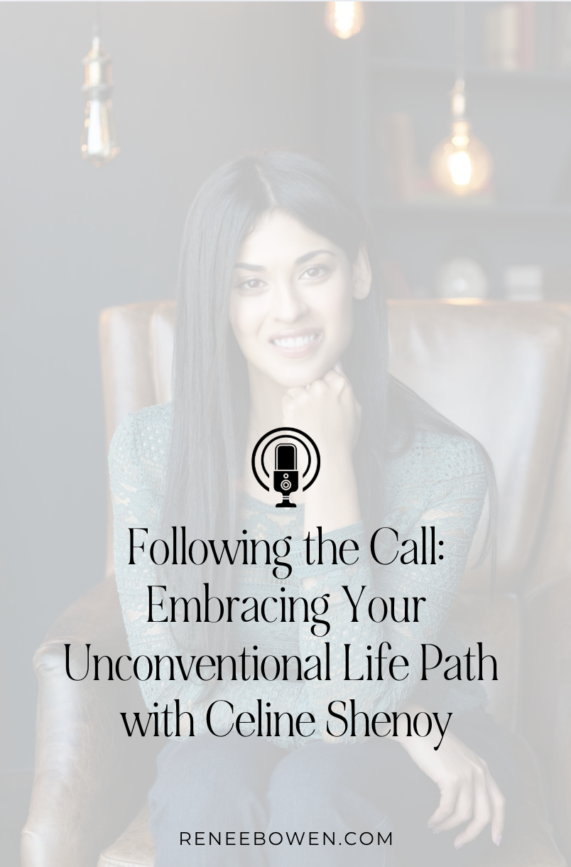 headshot of a brunette woman wearing a turquoise shirt with her hand to her chin smiling at camera with a quote next to it for podcast thumbnail that says unconventional life path