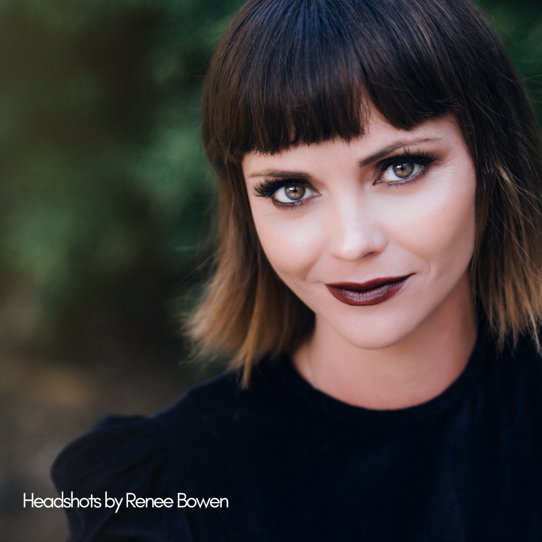 close up headshot of actress christina ricci smiling at camera by los angeles photographer renee bowen
