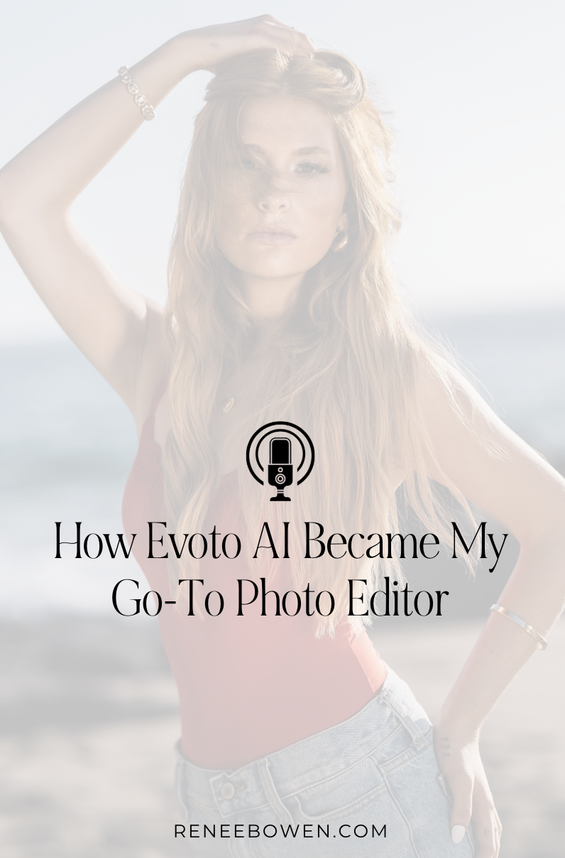 thumbnail for a podcast about a photo editor called evoto ai; the pic is of a girl with long red hair and she is wearing a red tank top and a jean skirt withthe beach in the background
