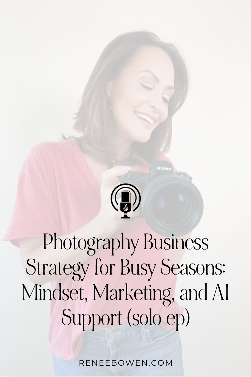 podcast thumbnail for photography business strategy shows a woman with short hair holding a camera and looking at it smiling she is wearing a red shirt and blue jeans