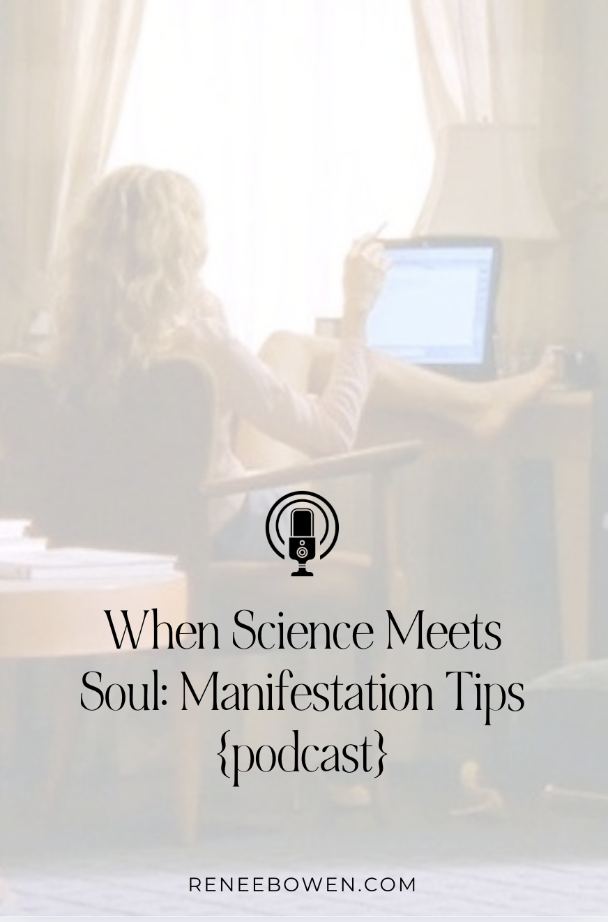 podcast thumbnail manifestion tips picture of a woman sitting at her desk with her legs up on the desk and she is smoking a cigarette looking at her computer