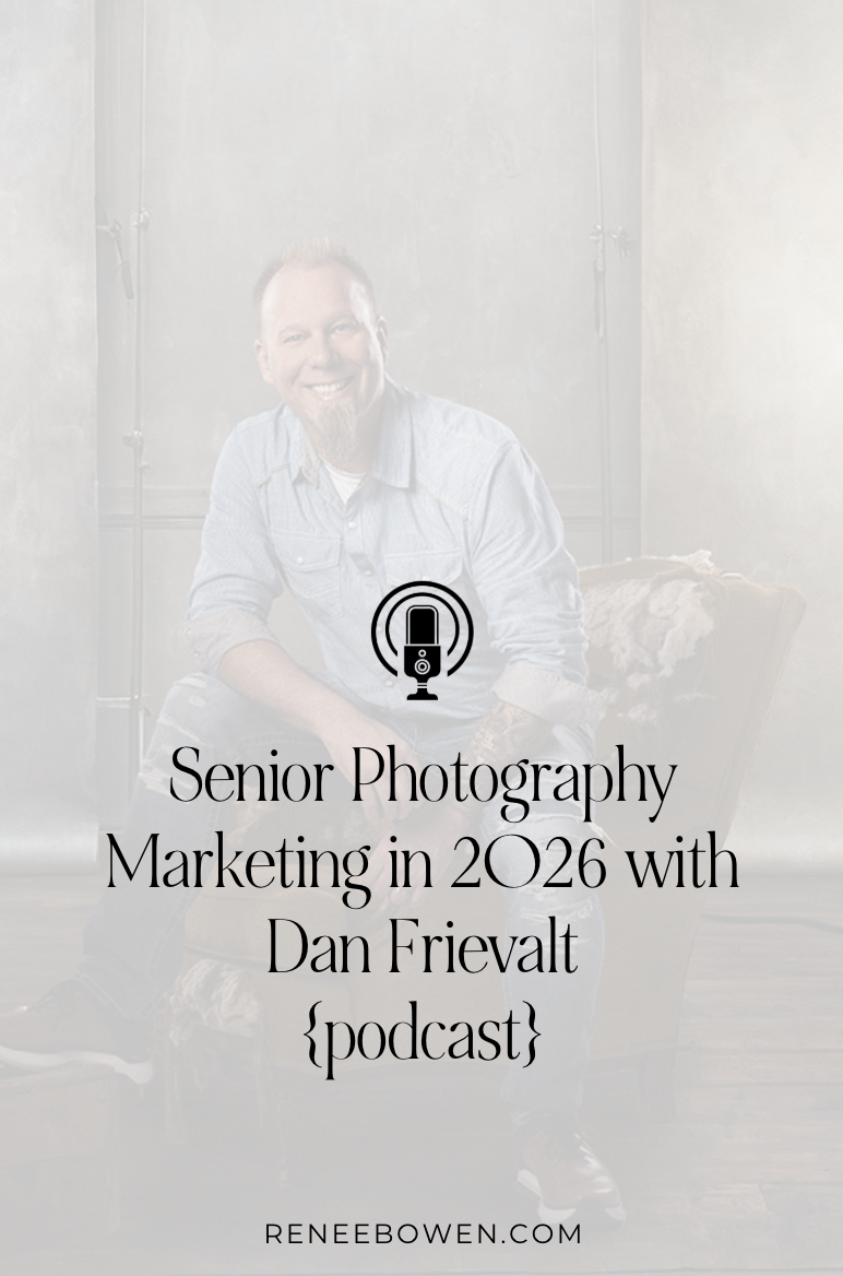 podcast thumbnail that says senior photography marketing in 2026 and a photo of a middle aged man sitting on a chair wearing jeans and smiling; he has short hair and a small beard