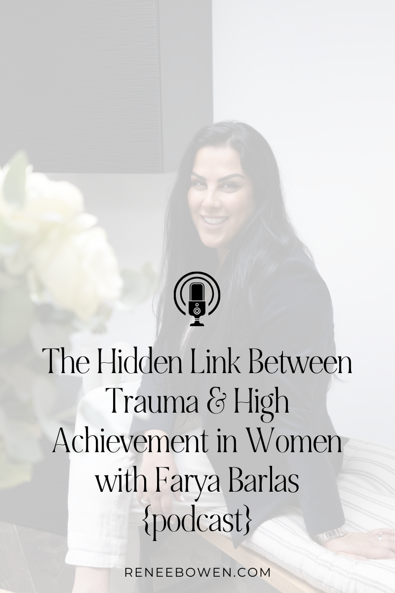 woman with long dark hair and a black blazer sitting down looking to her left at us smiling talking about trauma in high achieving women