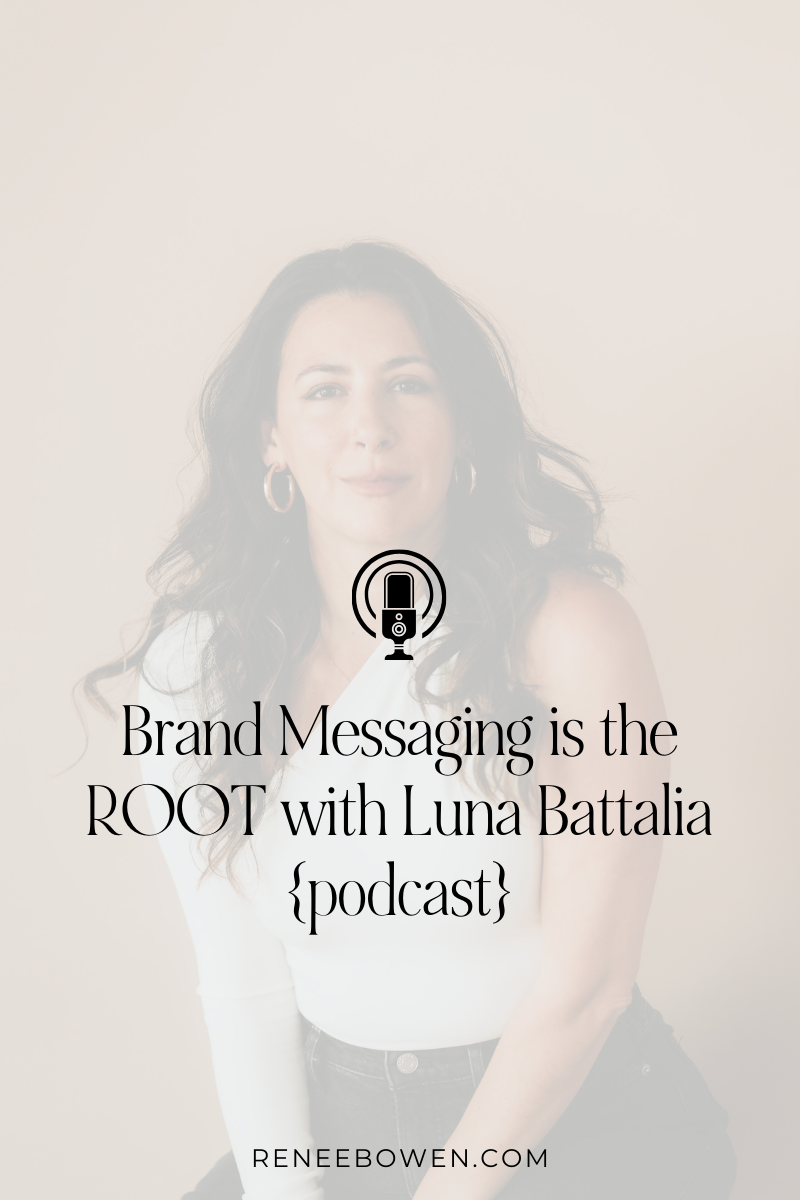 brand messaging podcast thumbnail of a woman with long dark hair on a beige background wearing a white top
