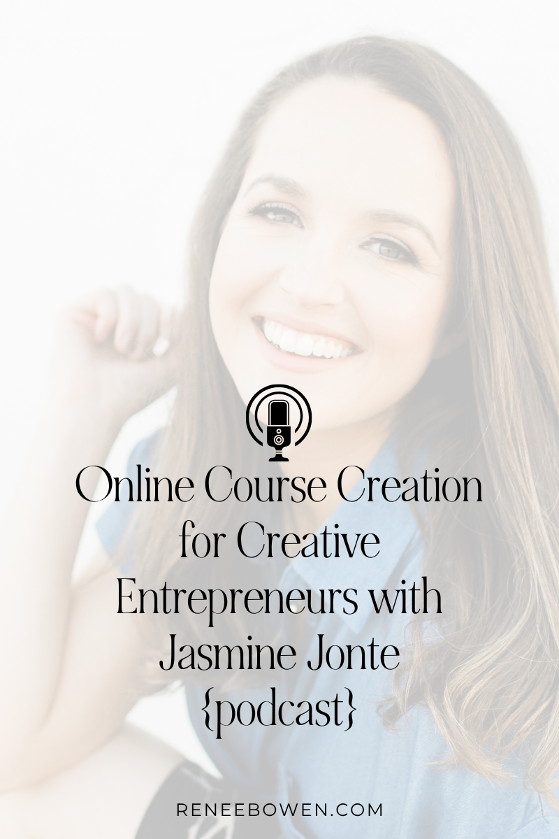 podcast thumbnail says online course creation for creative entrepreneurs with jasmine jonte and is a photo of a woman with long dark hair smiling big at camera