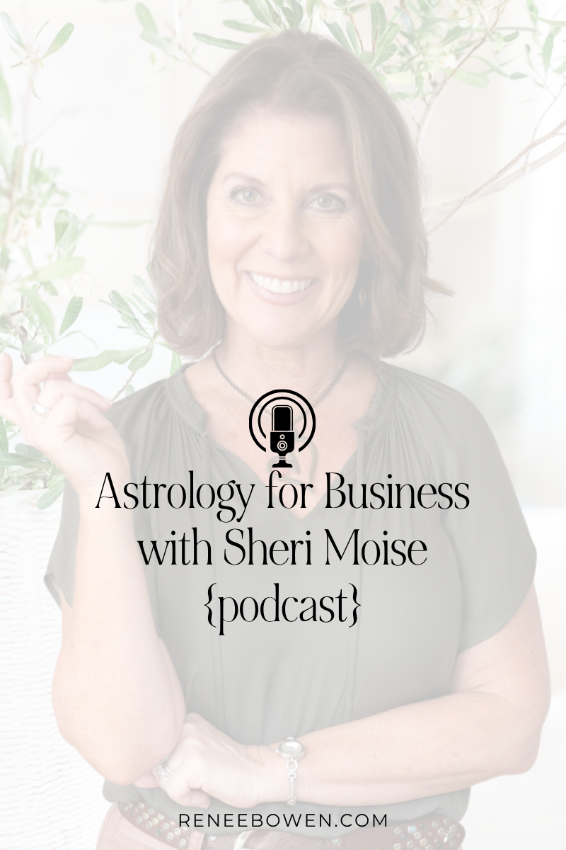 Podcast thumbnail that says "Astrology for Business with Sherry Moise" It's a photo of a woman with short brown hair wearing a green t-shirt, smiling at the camera with her right hand up.
