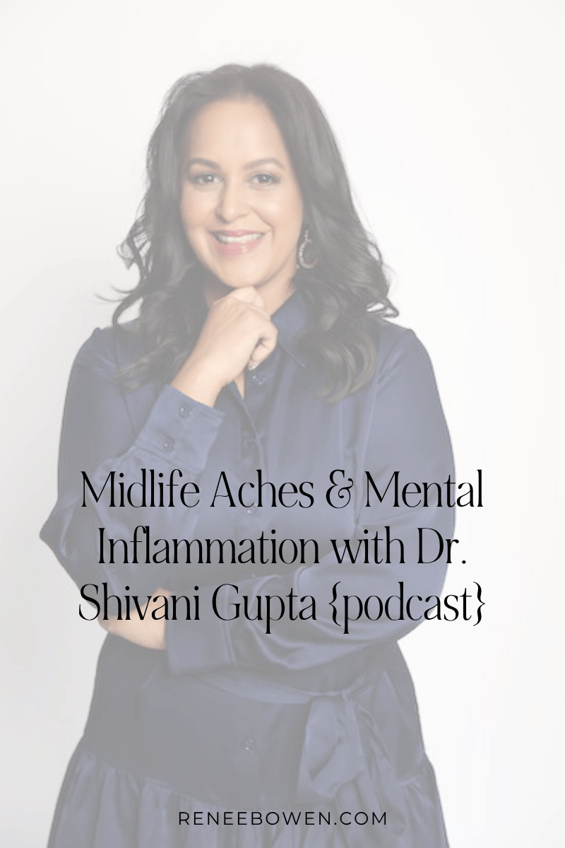 podcast thumbnail woman with long dark hair smiling at camera wearing a blue dress text says midlife aches and inflammation with dr shivani gupta