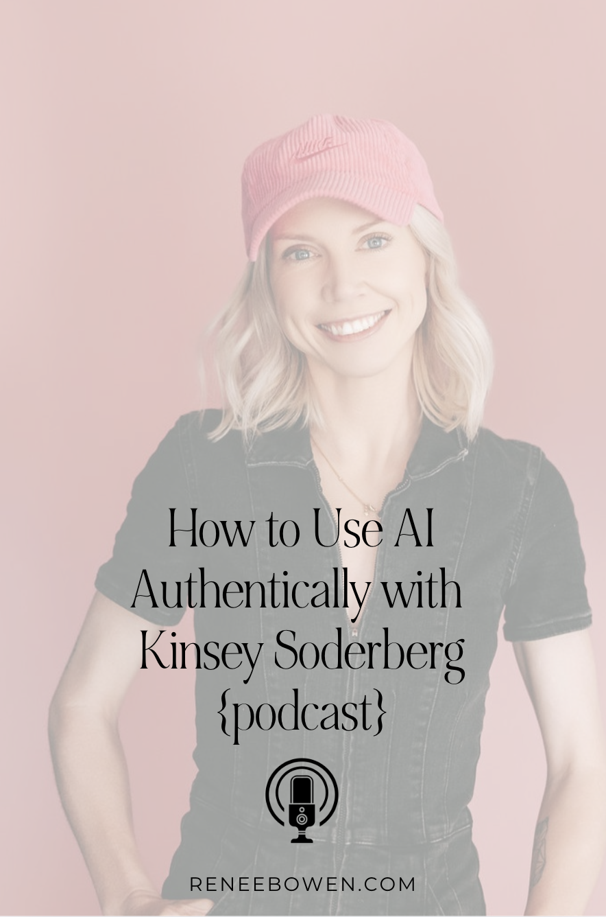 podcast thumbnail of a woman with short blond hair wearing a pink hat and black jumpsuit smiling at camera on pink background text says how to use ai authentically with kinsey soderberg podcast