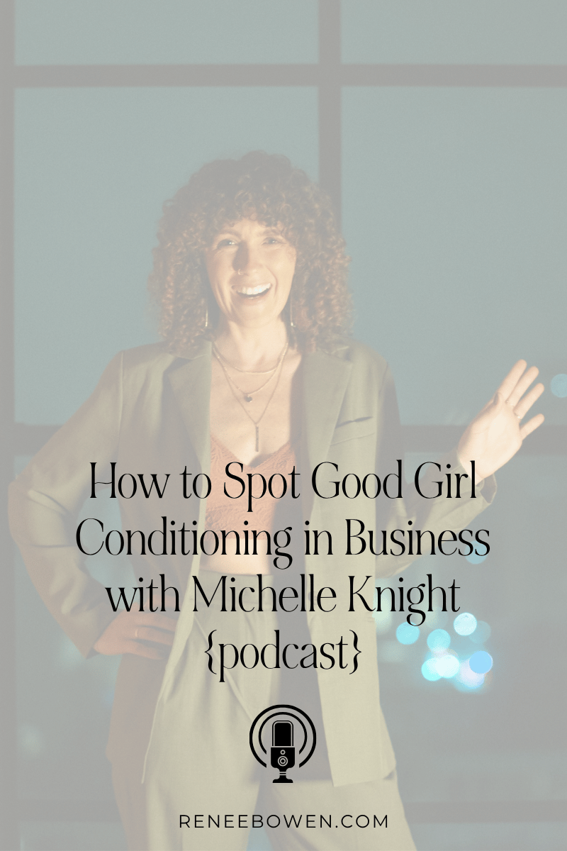 woman wearing a sage green two-piece suit with an orange top underneath. She has curly hair and is smiling at the camera. podcast thumbnail
